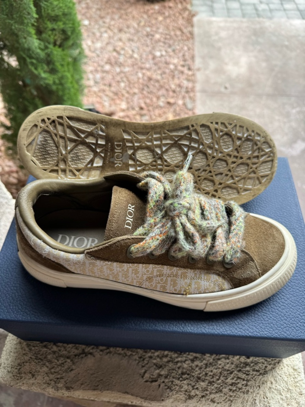 Dior Brown Suede & Monogram Low-Top Sneakers with Multicolor Laces - Picture 2 of 4